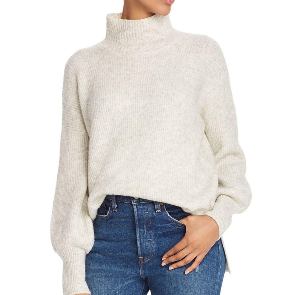 French Connection Womens Oatmeal  Balloon Sleeve Ribbed Turtleneck Pullover  S